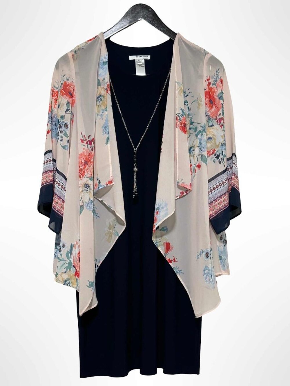STUDIO ONE NEW YORK Sleeveless Dress with Floral Kimono and Necklace Size MP